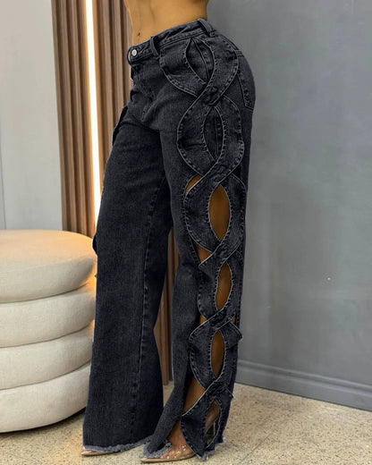 Women Streetwear Cutout Hollow Out Criss Cross Side Wide Leg  Blue Denim Pants