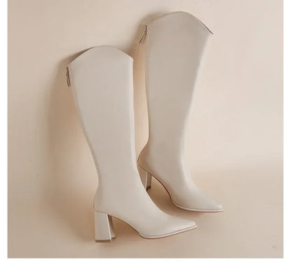 Zipper Thick High Heels Simple Thick High Heels Autumn Winter Boots Knee High