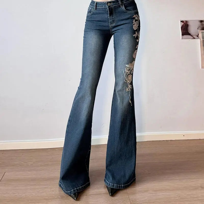 Woman's Flowers Embroidered Flared Denim Pants Slim Dragging Long Jeans