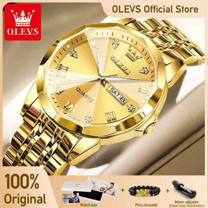 Gold Original Quartz Wristwatch Waterproof Luminous Watch for Male Rhombus Mirror Date Week