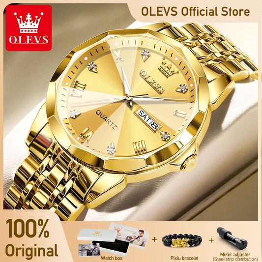 Gold Original Quartz Wristwatch Waterproof Luminous Watch for Male Rhombus Mirror Date Week