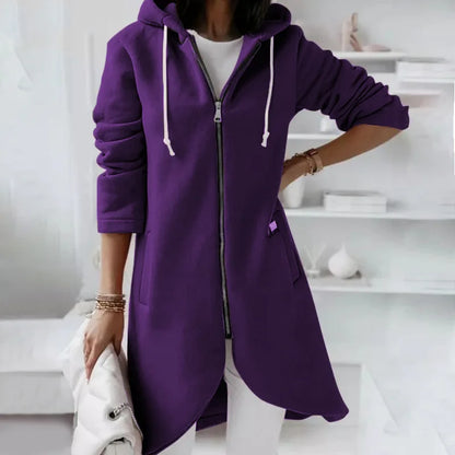 Autumn Women Long Hoodies Coat Zip Up Solid Hooded Casual Pockets Long Jackets