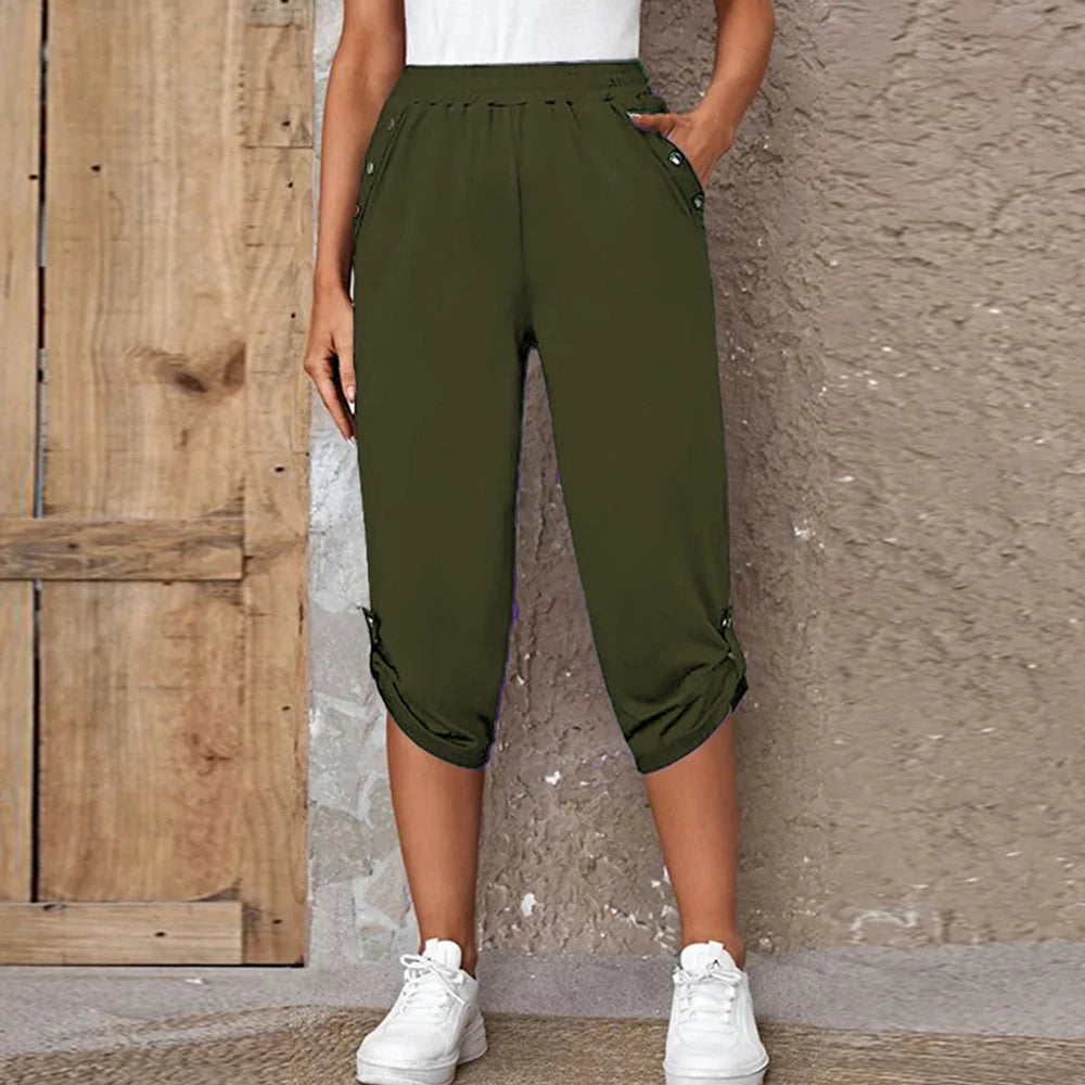 Women Elastic Waist Casual Trousers Bottom Elegant Office Lady Loose Cropped Pants