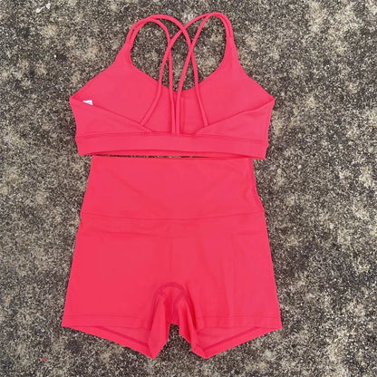 Solid Color Gym Bike Yoga Set Short Legging +Cross Sport Bra Tracksuit Athletic Women Gym Suit Comprehensive Training Jogging
