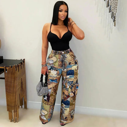 3D Print Wide Leg Cargo Active Hip Hop Straight Sweatpants Trousers