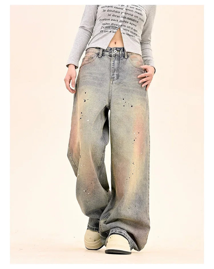American Fashion Tie-Dye Graffiti Straight Leg Wide Jeans Straight Leg Loose Jeans Hip-hop Street Baggy Jeans