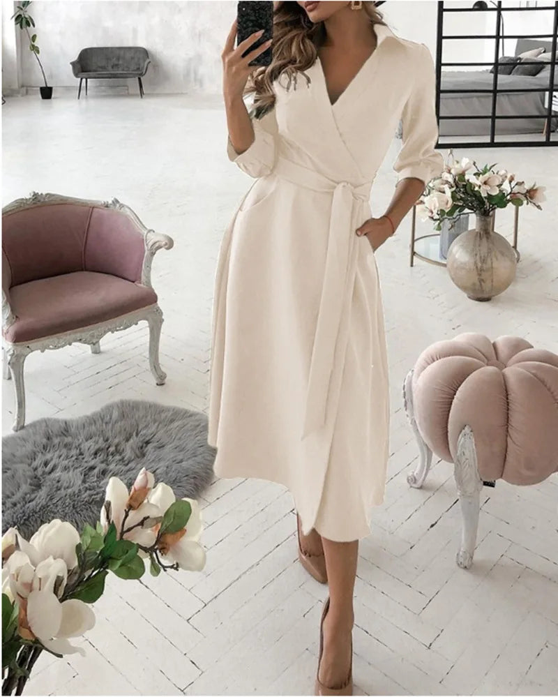 A-Line Wrap Summer Dress Long Sleeve V-Neck Dress Pocket Elegant Midi Party Dress