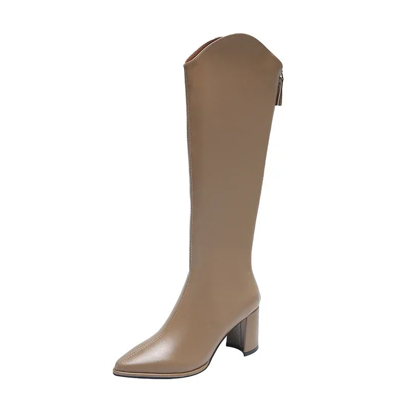 Zipper Thick High Heels Simple Thick High Heels Autumn Winter Boots Knee High