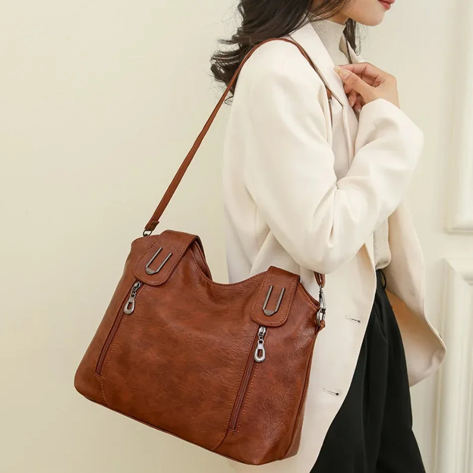 Solid Color Handbag Soft Leather Tote Bag Casual Big Shoulder Messenger Bags