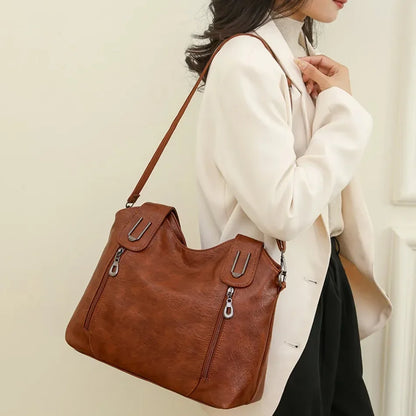 Solid Color Handbag Soft Leather Tote Bag Casual Big Shoulder Messenger Bags