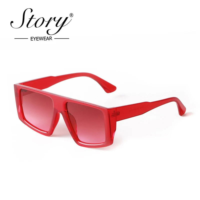 STORY Fashion Red Flat Top Square Sunglasses Women Men Brand Designer Trendy Transparent Green Frame Shield Sun Glasses S95155H - Fashionqueene.com-square sunglasses