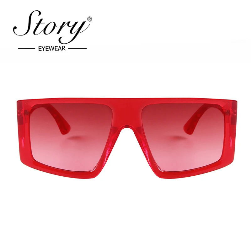 STORY Fashion Red Flat Top Square Sunglasses Women Men Brand Designer Trendy Transparent Green Frame Shield Sun Glasses S95155H - Fashionqueene.com-square sunglasses