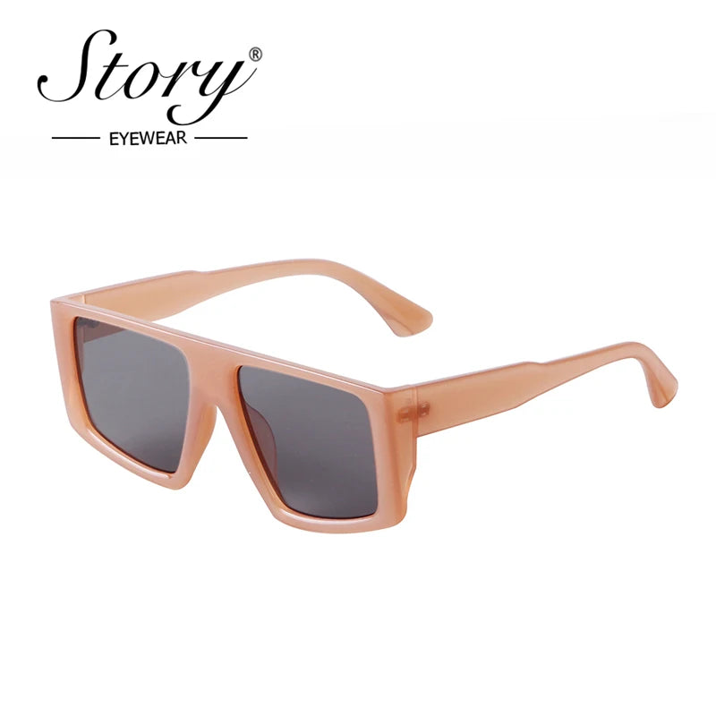 STORY Fashion Red Flat Top Square Sunglasses Women Men Brand Designer Trendy Transparent Green Frame Shield Sun Glasses S95155H - Fashionqueene.com-square sunglasses