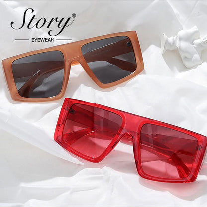 STORY Fashion Red Flat Top Square Sunglasses Women Men Brand Designer Trendy Transparent Green Frame Shield Sun Glasses S95155H - Fashionqueene.com-square sunglasses