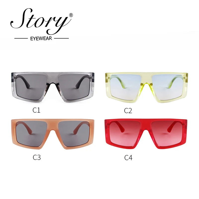 STORY Fashion Red Flat Top Square Sunglasses Women Men Brand Designer Trendy Transparent Green Frame Shield Sun Glasses S95155H - Fashionqueene.com-square sunglasses