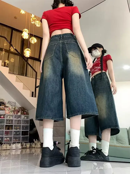 American Retro Old Seven-point Denim Shorts for Women Summer New High Waist Straight Wide-leg Casual Mid-leg Hot Pants Alo Skirt