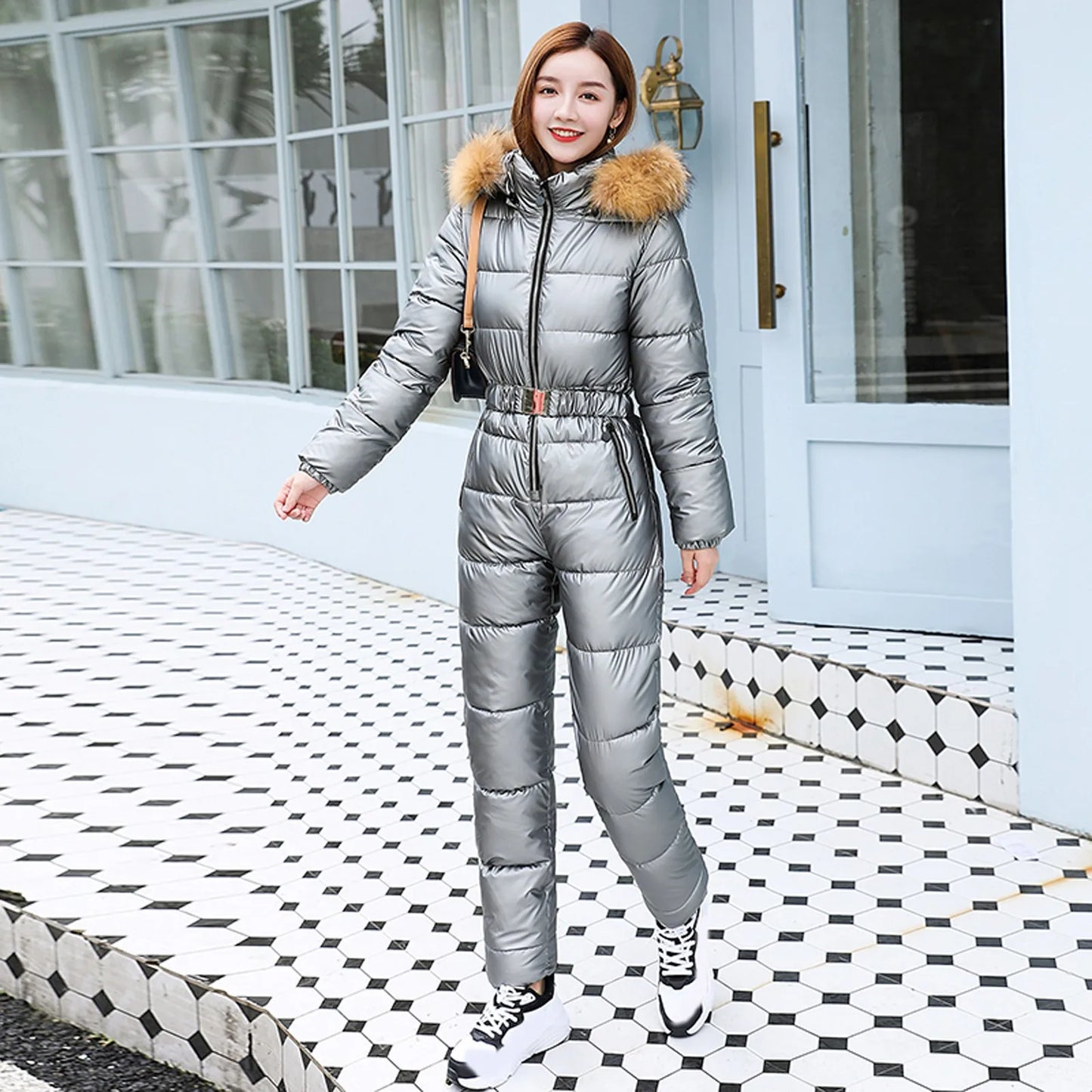 One Piece Outfit Ski Suit Winter Jumpsuit Parka Hooded Cotton Bodysuit Zipper