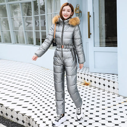 One Piece Outfit Ski Suit Winter Jumpsuit Parka Hooded Cotton Bodysuit Zipper