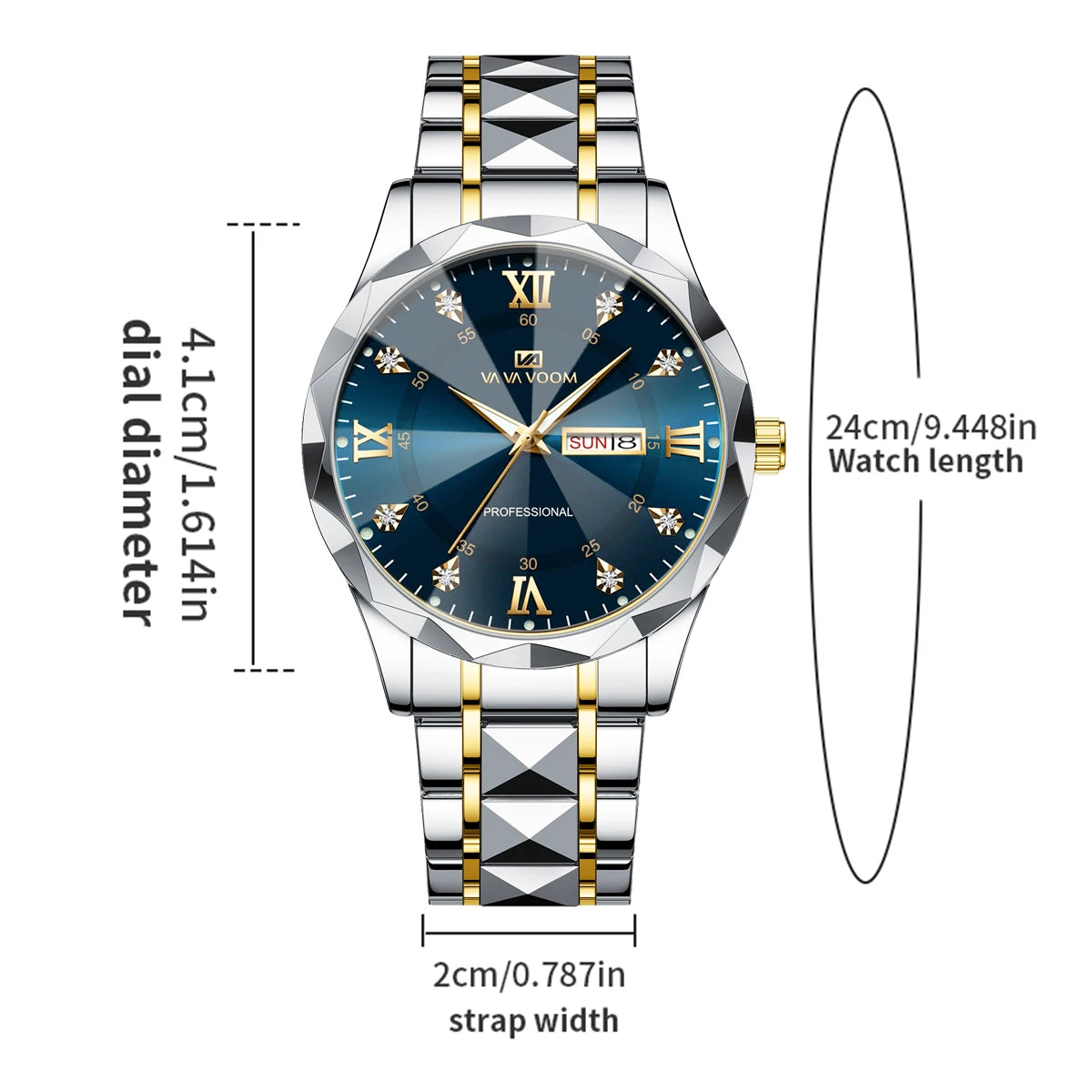 Men Watch Water Diamond Luxury Night Glow Double Calendar Quartz Movement 41mm Blue Gold Stainless Steel