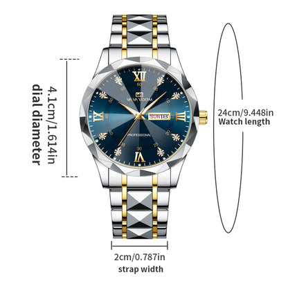 Men Watch Water Diamond Luxury Night Glow Double Calendar Quartz Movement 41mm Blue Gold Stainless Steel