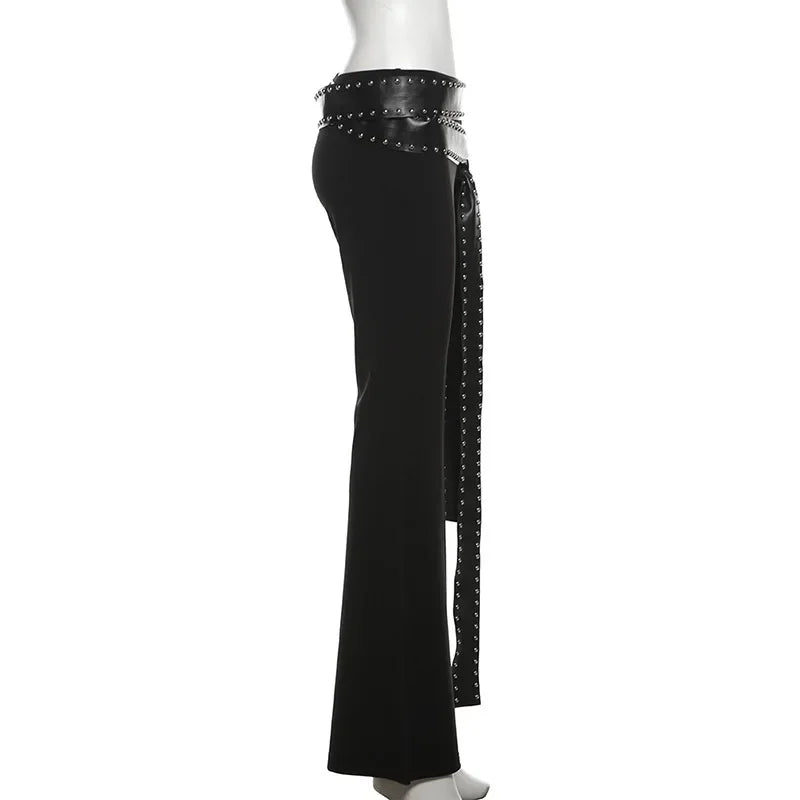 Punk Grunge Hoge Taille Flare Broek Effen Alt Streetwear Vrouwen Mall Gothic Casual Broek Met Kunstleer Riemen Slank