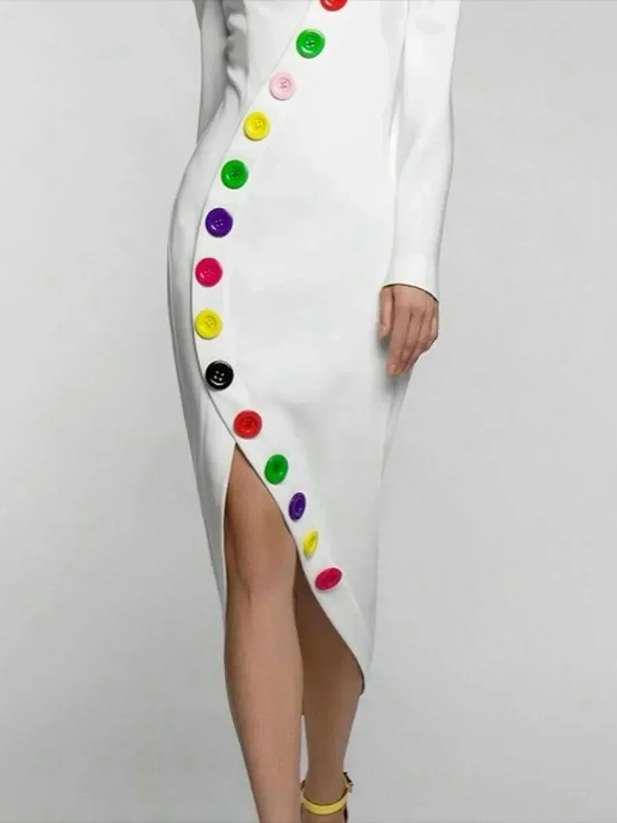 UOOZEE 2025 New Autumn X-shape High-Neck Party Dress Colorful Buttoned Long Sleeves Slim Urban Elegant Evening Midi Dresses WHITE / M WHITE / L WHITE / XL WHITE / M-WHITE / L-WHITE / XL-WHITE / XXL-WHITE / S-