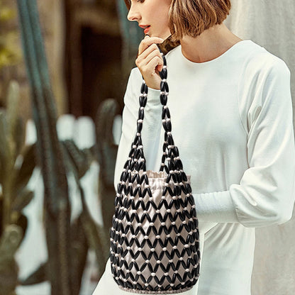 Women Hollow-out Bucket Bags Woven Hand Bag Wooden Bead Shoulder Bags Beach Top-Handle Bags Summer Netted Canvas Tote Handbag