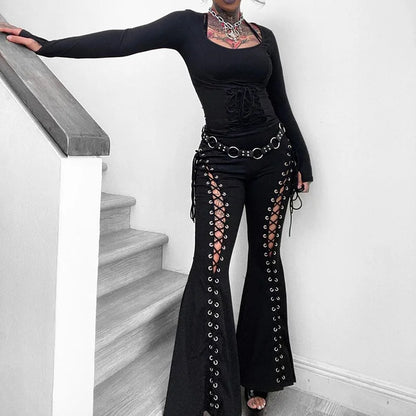Dark Black Punk Flared Pants Long Trouser Women Lace Up Front Hollow Cut Out Bell Bottom Tied Up High Waist