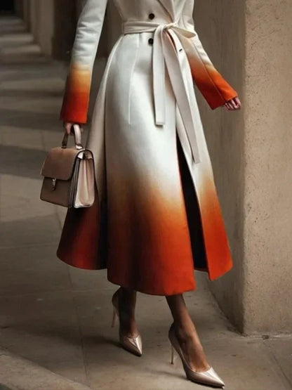 Warm Woolen Coats Long Sleeves Tied Waist Notched Collar Elegant Outerwear