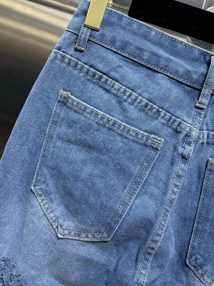 VGH Casual Hollow Out Spliced Lace Solid Jeans For Women High Waist Patchwork Pockets Minimalist Loose Wide Leg Pants Female New blue / XXXL blue / XXL blue / XL blue / XXXL-blue / XXL-blue / XL-blue / L-blue / M-blue / S-