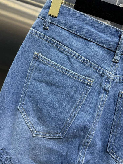 VGH Casual Hollow Out Spliced Lace Solid Jeans For Women High Waist Patchwork Pockets Minimalist Loose Wide Leg Pants Female New blue / XXXL blue / XXL blue / XL blue / XXXL-blue / XXL-blue / XL-blue / L-blue / M-blue / S-