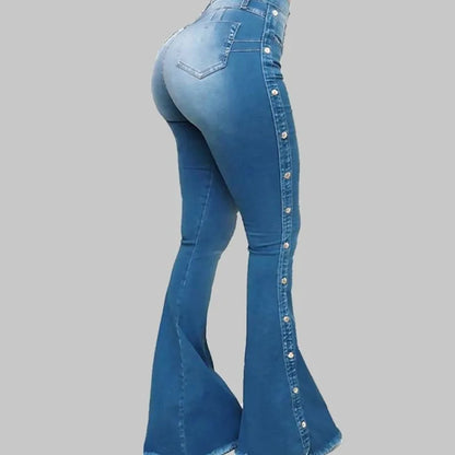 High Waist Strecth Denim Flare Pants Female Floor Length
