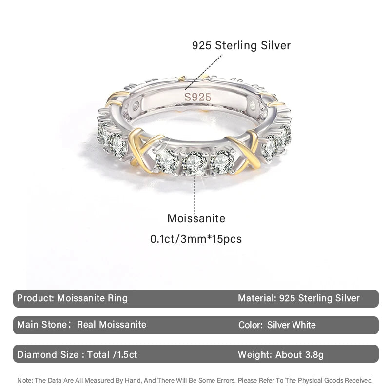 1.5CT D Color Moissanite Full Diamond Ring for Men Women S925 Sterling Silver Two Color Design Trendy Luxury Rings Fine Jewelry