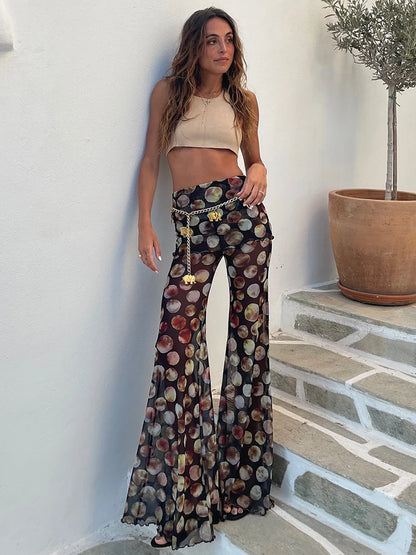 Mesh Leopard Print Trousers High Waist Print Wide Leg Pants Printed
