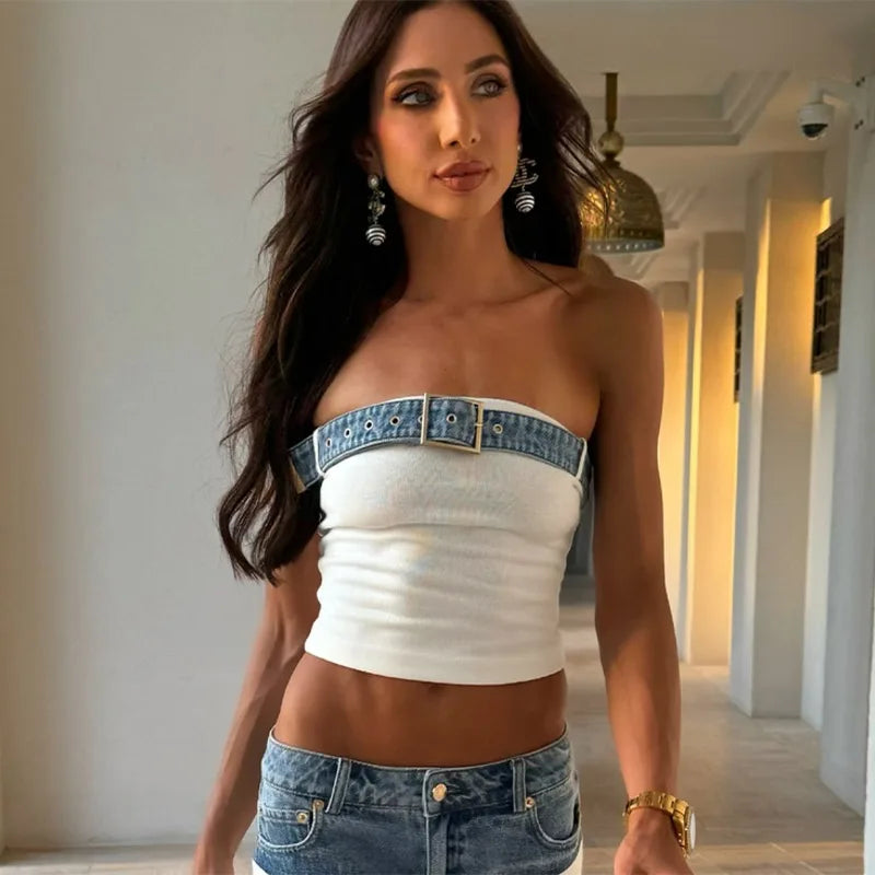 Women Patchwork Denim 2-piece Sets Strapless Sleeveless Tops Baggy Wide Leg Pants Trousers