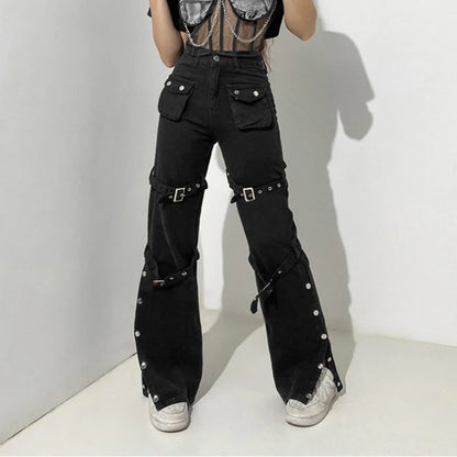 Hippie Cool Girls Straight Pants Punk Gothic Trendy Metal Buckle Side Split Black Trousers Y2k Streetwear Belted Low Waist Pants