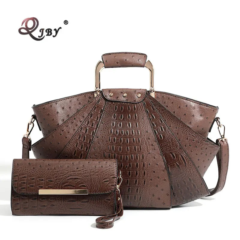 Large Capacity Leather Purse Metal Top Handle Handbags Crossbody Large Tote Bag