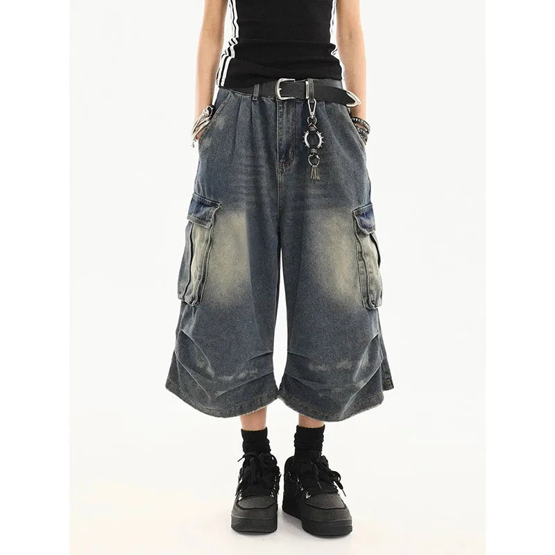 American Style Women Vintage Washed Workwear Denim Shorts with Multiple Pockets Pleated Design Loose Drapey Seven-Foot Pants