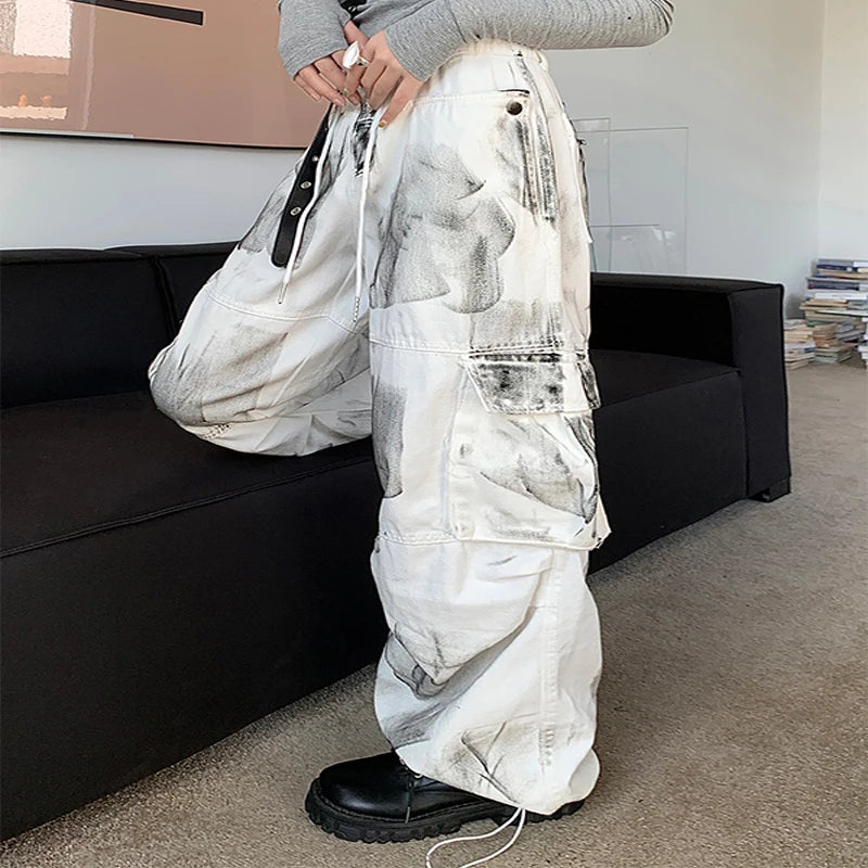 Women's White Cargo Jeans Baggy Vintage High Waist Cowboy Pants Harajuku Aesthetic Tie-Dyed Denim Trousers 90s Y2k Clothes 2024