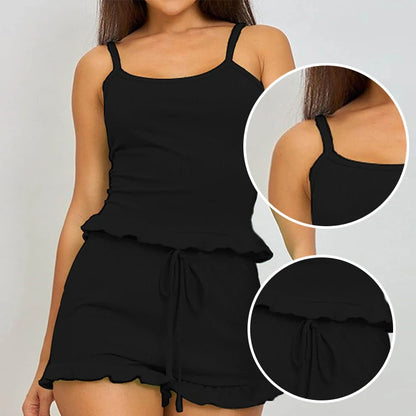 Two-Piece Solid Color Sleepwear Suspender Ribbed Knitted Pleated Vest Shorts Casual Women's Sleepwear Set
