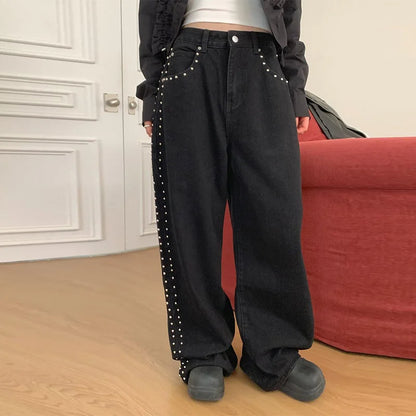 Metal Rivet Wide Leg Jeans Trousers Baggy Low Rise Pockets Denim