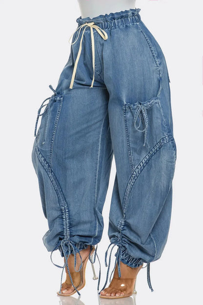Lace Up Wide Leg Jeans Cargo Pants Women High Waist Elegant Streetwear Denim Loose Trousers