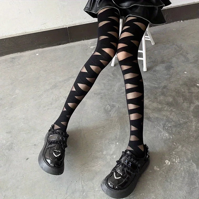 Women's Semi Sheer Bandage Style Pantyhose Black White Tights with Cross-Banded Design Gothic