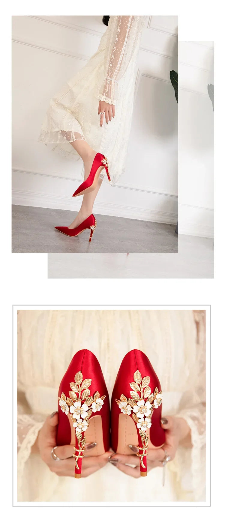 Women's Metal Flowers Stiletto High-heel Shoes Female  Light Luxury Wedding Shoes Pointed Toe