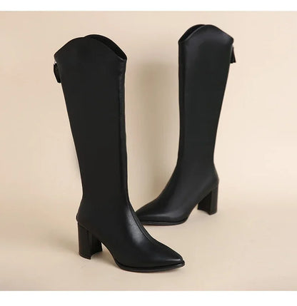Zipper Thick High Heels Simple Thick High Heels Autumn Winter Boots Knee High