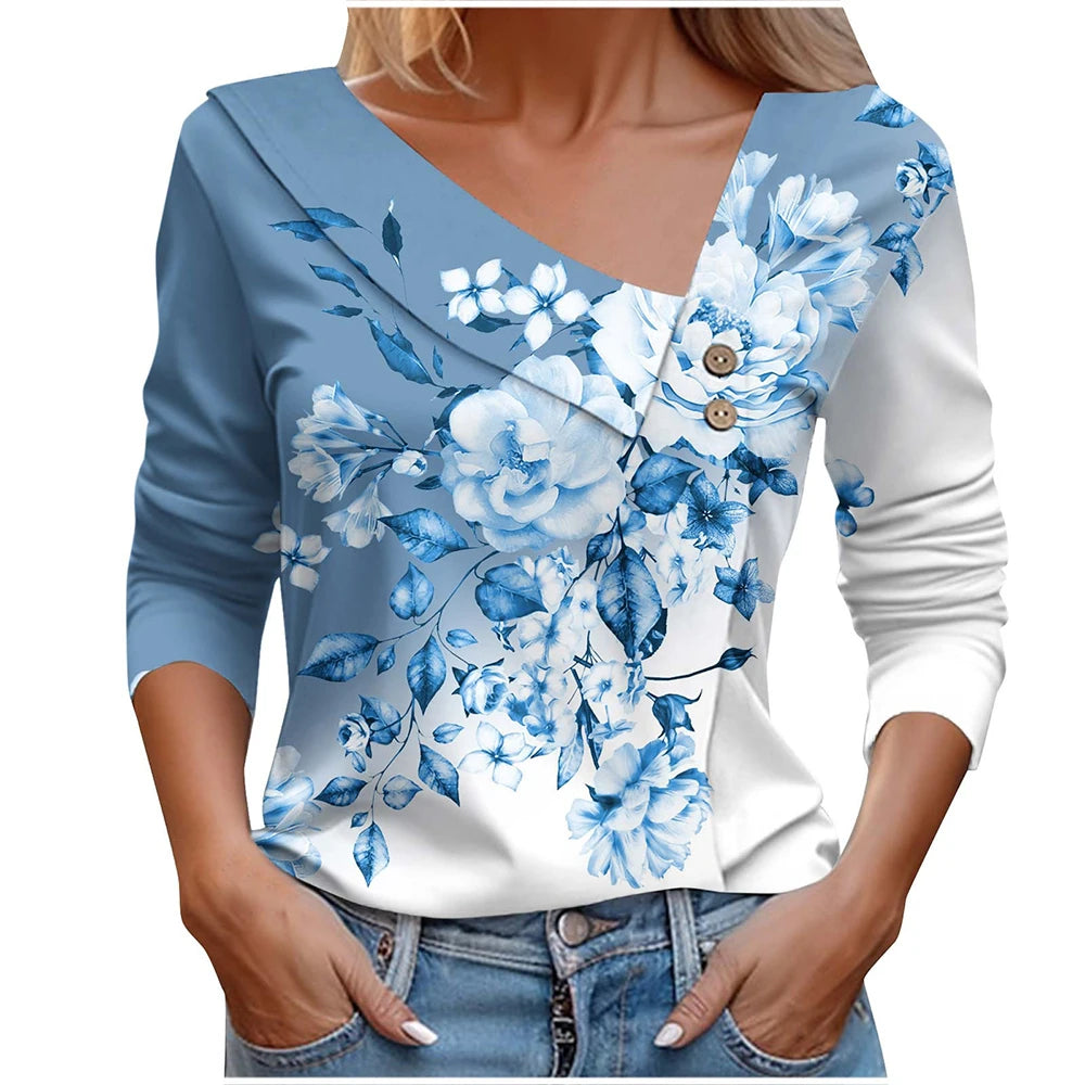 T Shirt For Women Fashion Long Sleeve Top White Floral Print Shirt
