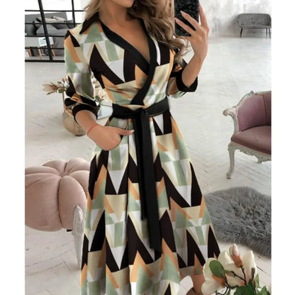 A-Line Wrap Summer Dress Long Sleeve V-Neck Dress Pocket Elegant Midi Party Dress