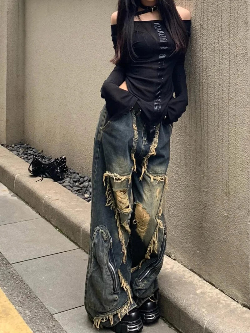 Women's Blue Cargo Ripped Pants Baggy Streetwear Aesthetic Harajuku Japanese 2000s Style Y2k Emo Pants Vintage Trousers Clothes