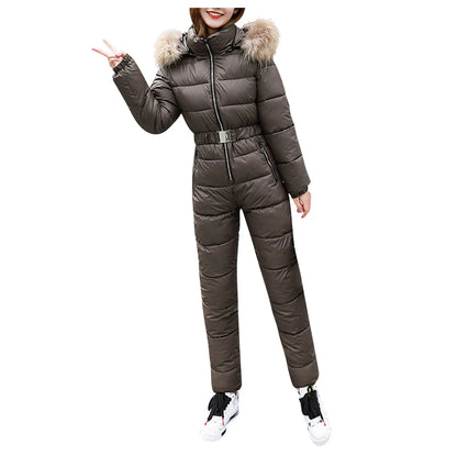 One Piece Outfit Ski Suit Winter Jumpsuit Parka Hooded Cotton Bodysuit Zipper