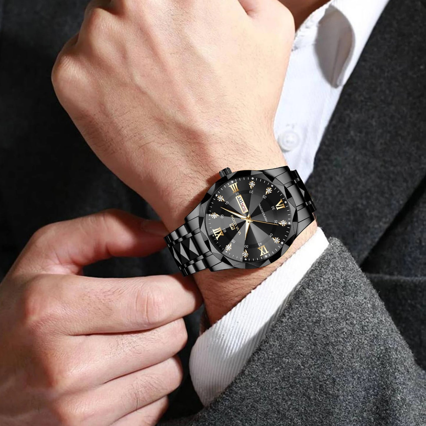 Men Watch Water Diamond Luxury Night Glow Double Calendar Quartz Movement 41mm Blue Gold Stainless Steel